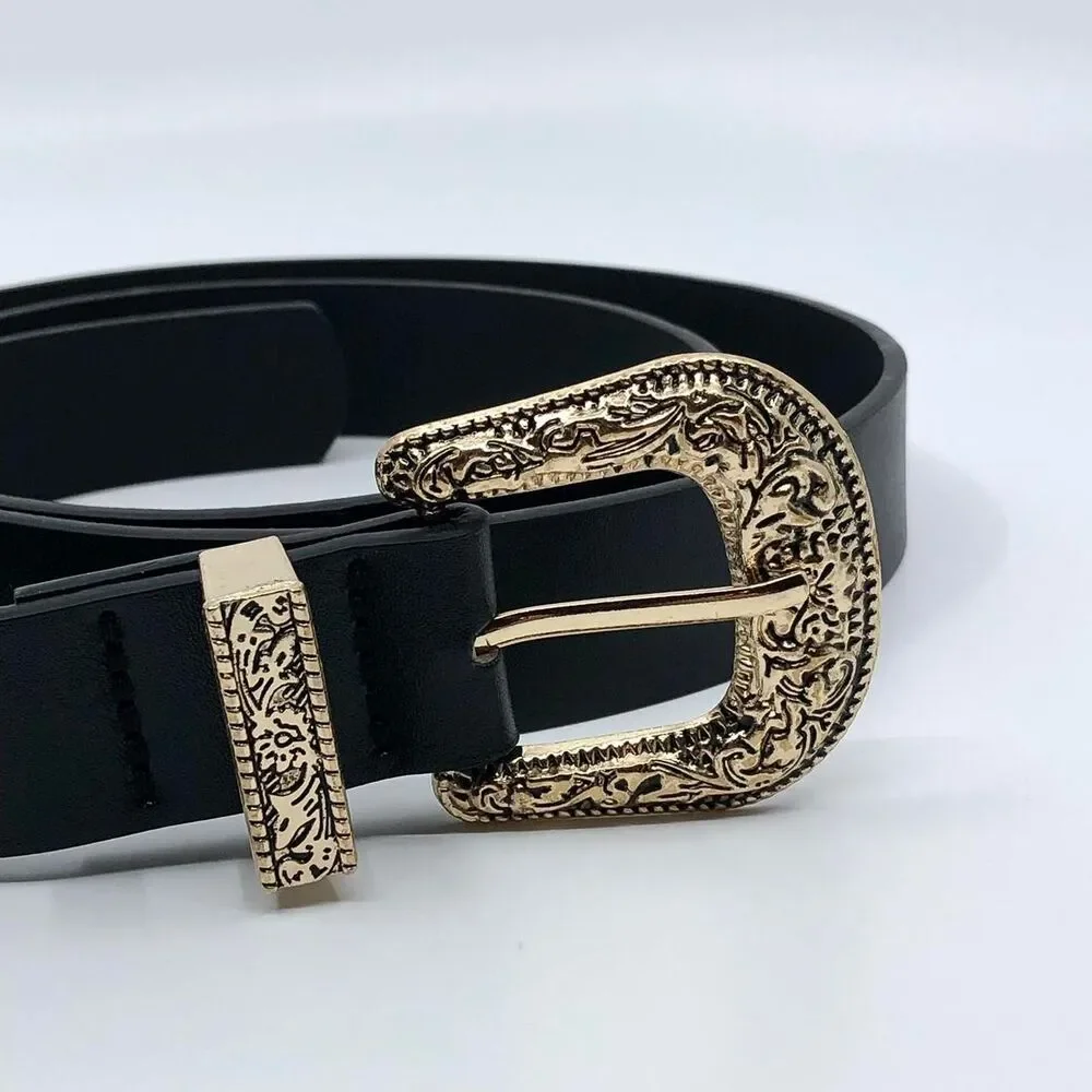 Y2K Coastal Cowgirl Black Gold Ornate Buckle Belt, 36–43.5 Inches, X7GA1136